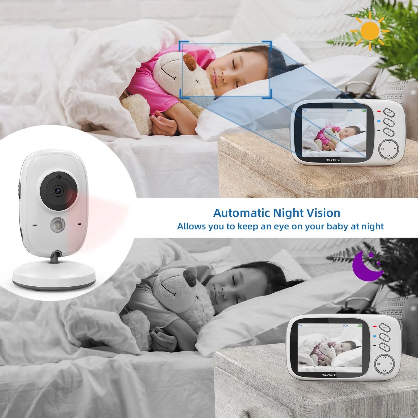 TakTark Baby Monitor | 3.2 Inch Wireless Video  | Lullabies | Auto Night Vision | Two Way Intercom | Temperature Monitoring | Babysitter