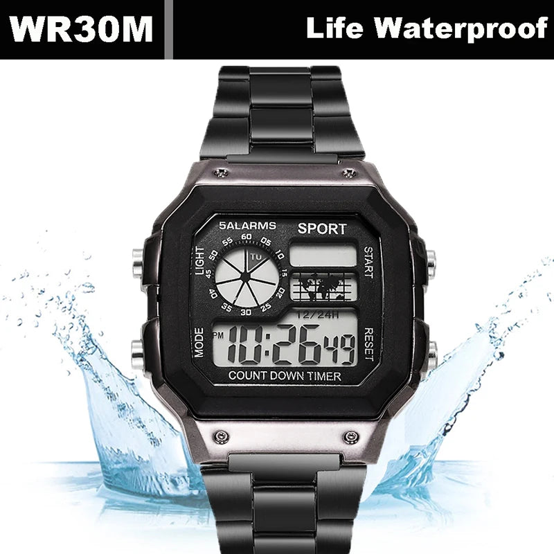 YIKAZE Digital Watch Stainless Steel Strap Sport Waterproof LED Electronic Wristwatch