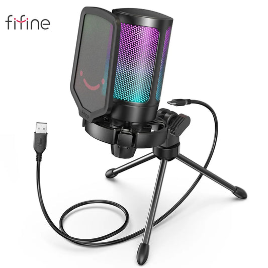 FIFINE USB Condenser Gaming Microphone | Pop Filter | Shock Mount | Gain Control