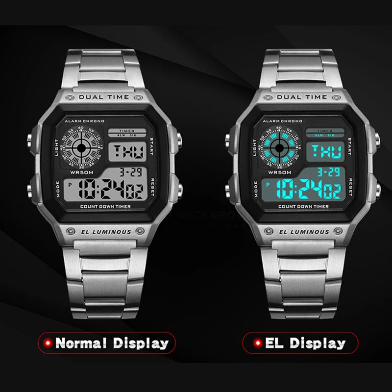 YIKAZE Digital Watch Stainless Steel Strap Sport Waterproof LED Electronic Wristwatch