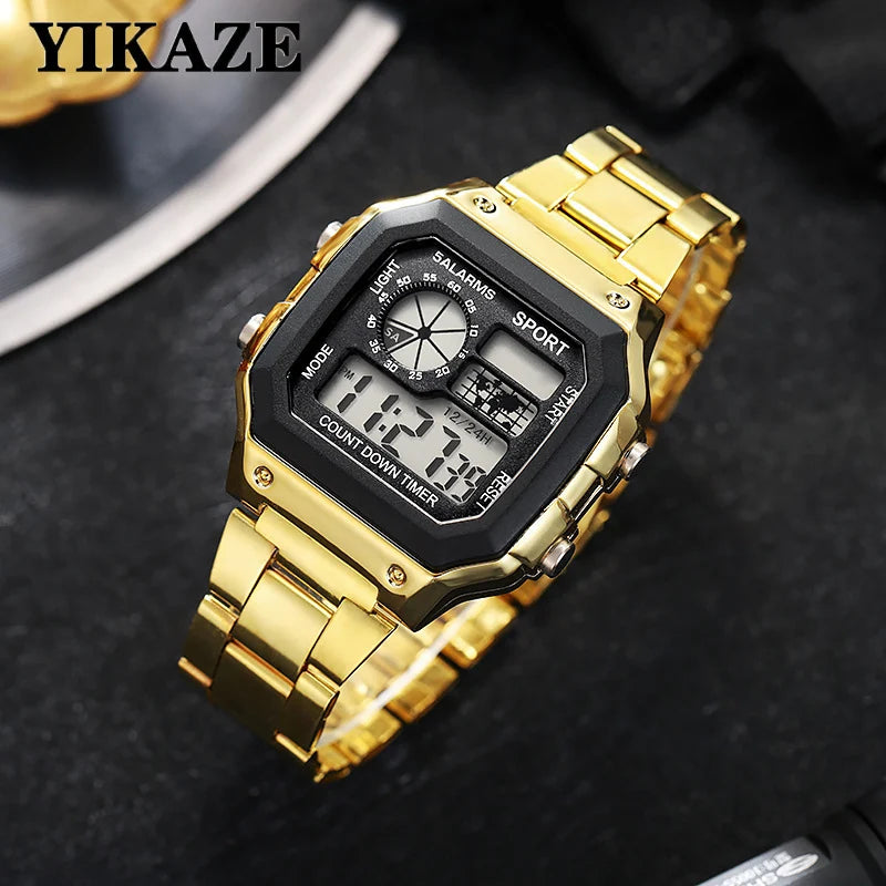 YIKAZE Digital Watch Stainless Steel Strap Sport Waterproof LED Electronic Wristwatch