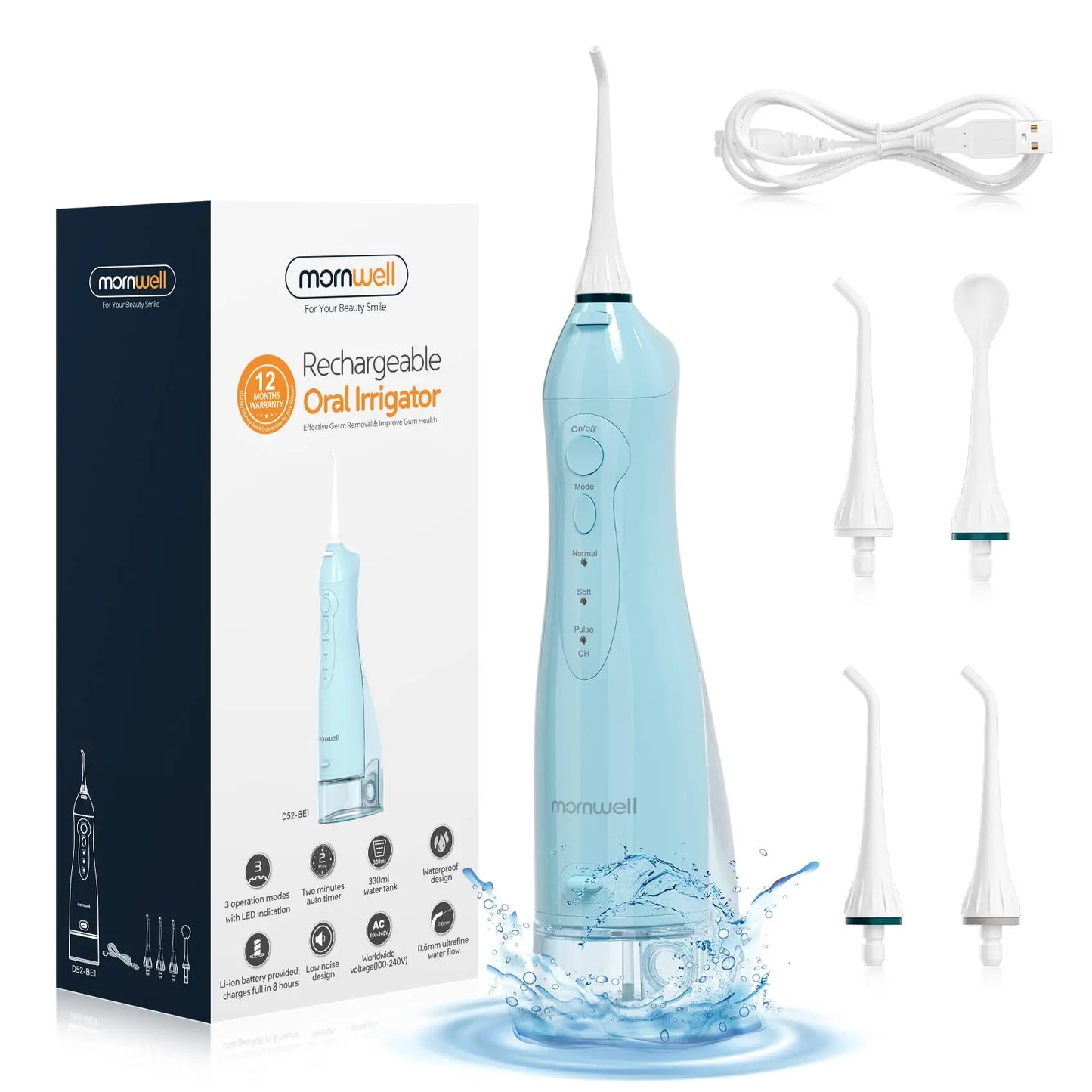 Mornwell D52 Oral Irrigator USB Rechargeable Water Flosser Portable Dental Water Jet 300ML Water Tank Waterproof Teeth Cleaner