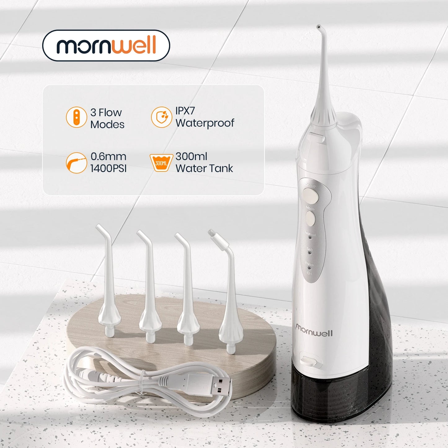 Mornwell D52 Oral Irrigator USB Rechargeable Water Flosser Portable Dental Water Jet 300ML Water Tank Waterproof Teeth Cleaner