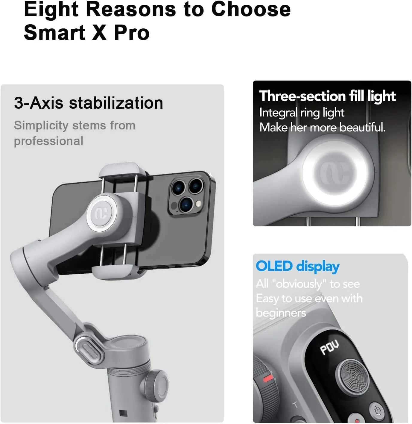 Handheld Gimbal Stabilizer 3-Axis Smart X Pro for Smartphone Wireless Charging OLED Display LED Light Focus Wheel